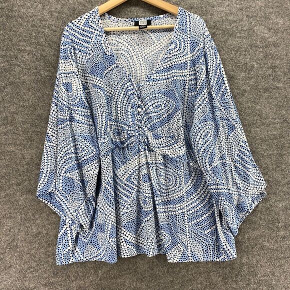 Studio 1940 Blouse Women 30/32W Plus Blue Geometric V-Neck Long Sleeve Button - Picture 4 of 8